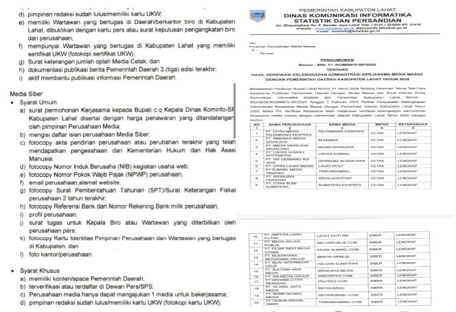 
					Dok. Surat keluar hasil verifikasi kelengkapan administrasi kerja sama media masa dengan pemerintah Kabupaten Lahat