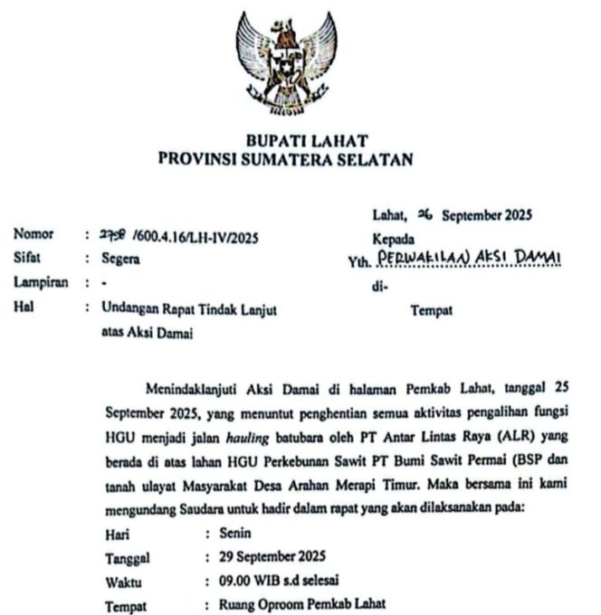 
					Senin Besok Bupati Lahat Undang Perwakilan Unras Masyarakat Desa Arahan Merapi Timur 